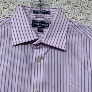 Paul Fredrick Dress Shirt Men 15.5 /33 Pink Blue Striped Cotton Pocket Long Slv